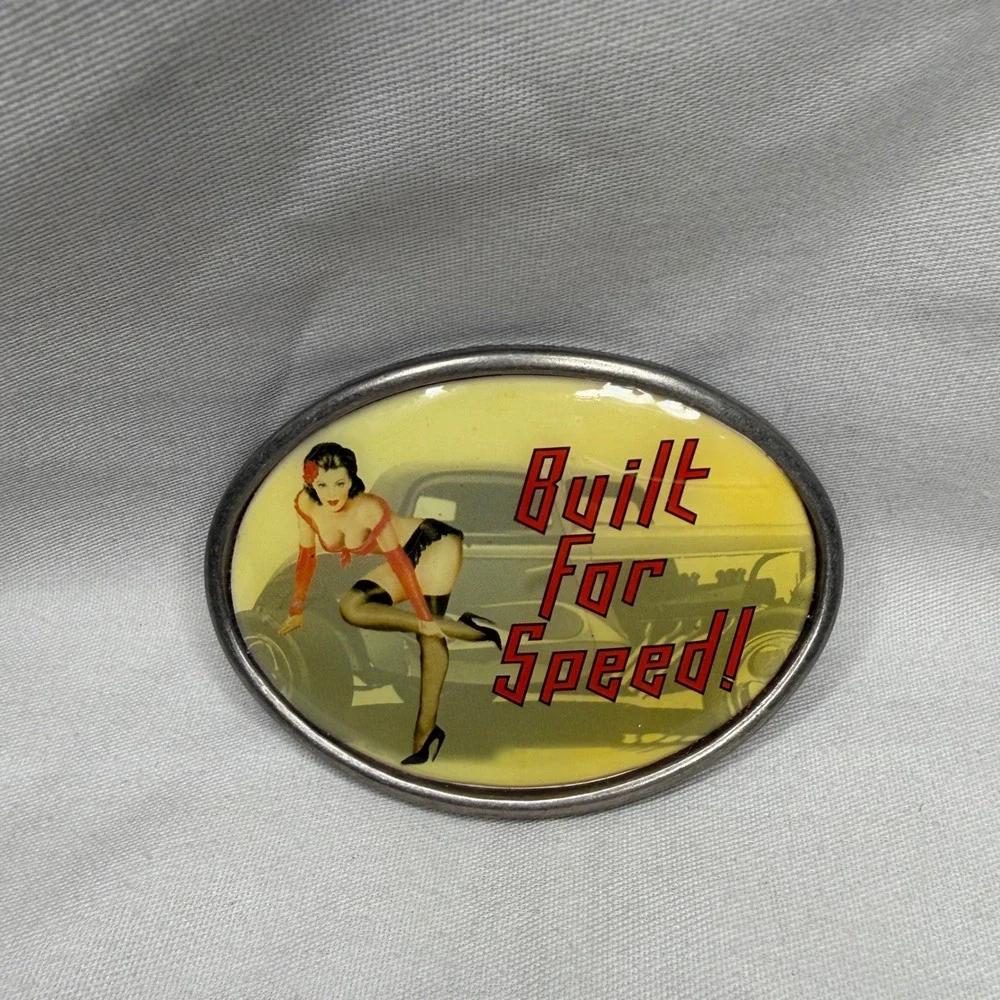Vintage Pinup Girl Built For Speed Belt Buckle Hot Rod Rockabilly Silver Tone